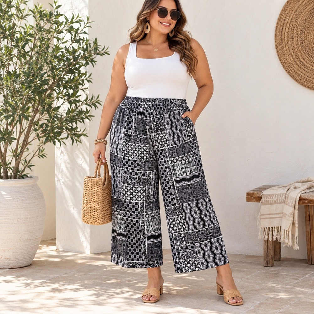 Rose + Olive Plus Size 2X Black White Patchwork Wide Leg Smocked Waist Pants